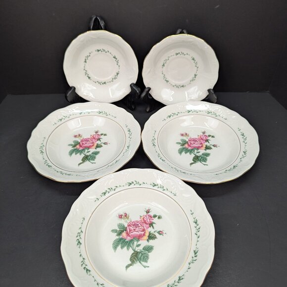 Gibson Designs Victorian Rose Replacement 3 Soup Bowls Gold Trim and 2 Saucers - Picture 1 of 13